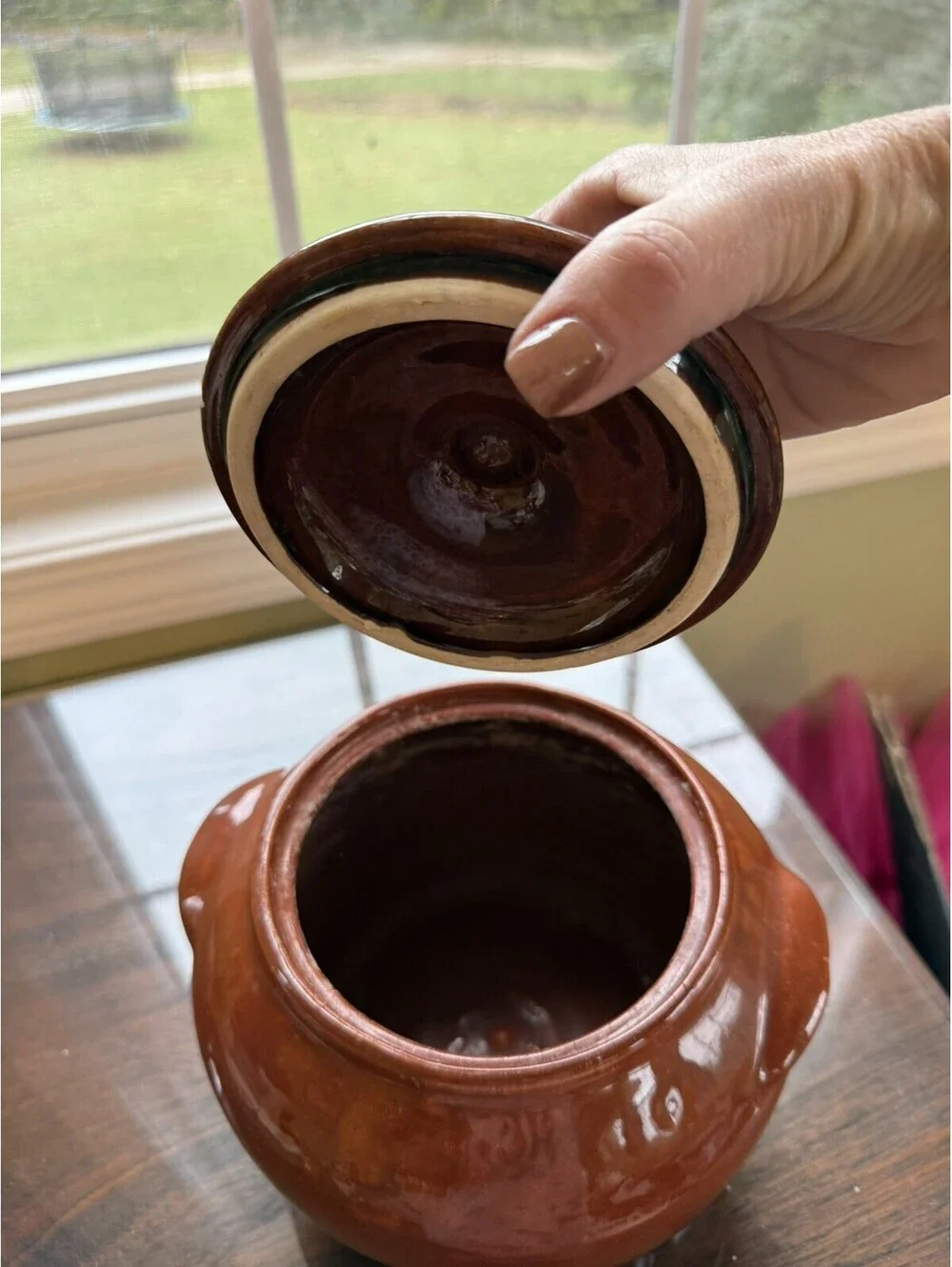 Vintage Brown Bean Pot Crock, stoneware Double Handle Lid